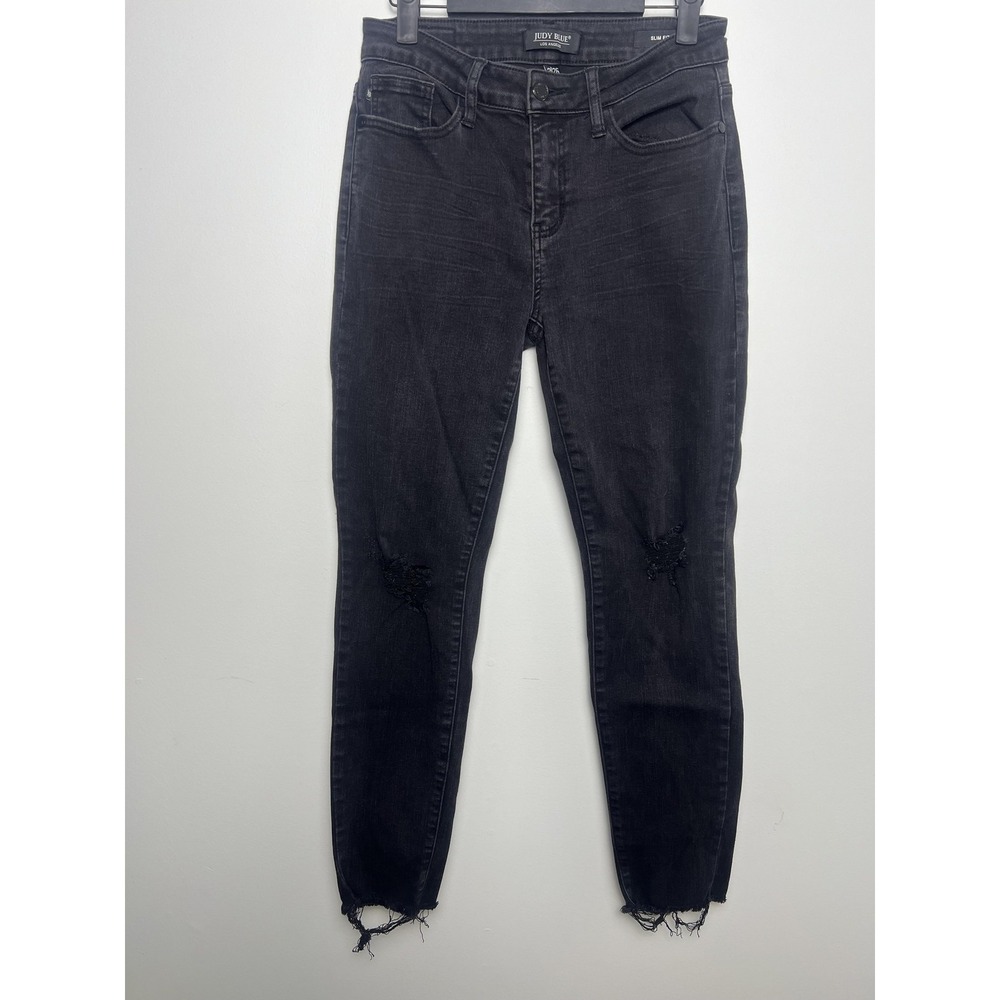 Judy Blue Jeans Womens 3/26 Black Charcoal Skinny Distressed Raw Hem‎ Denim